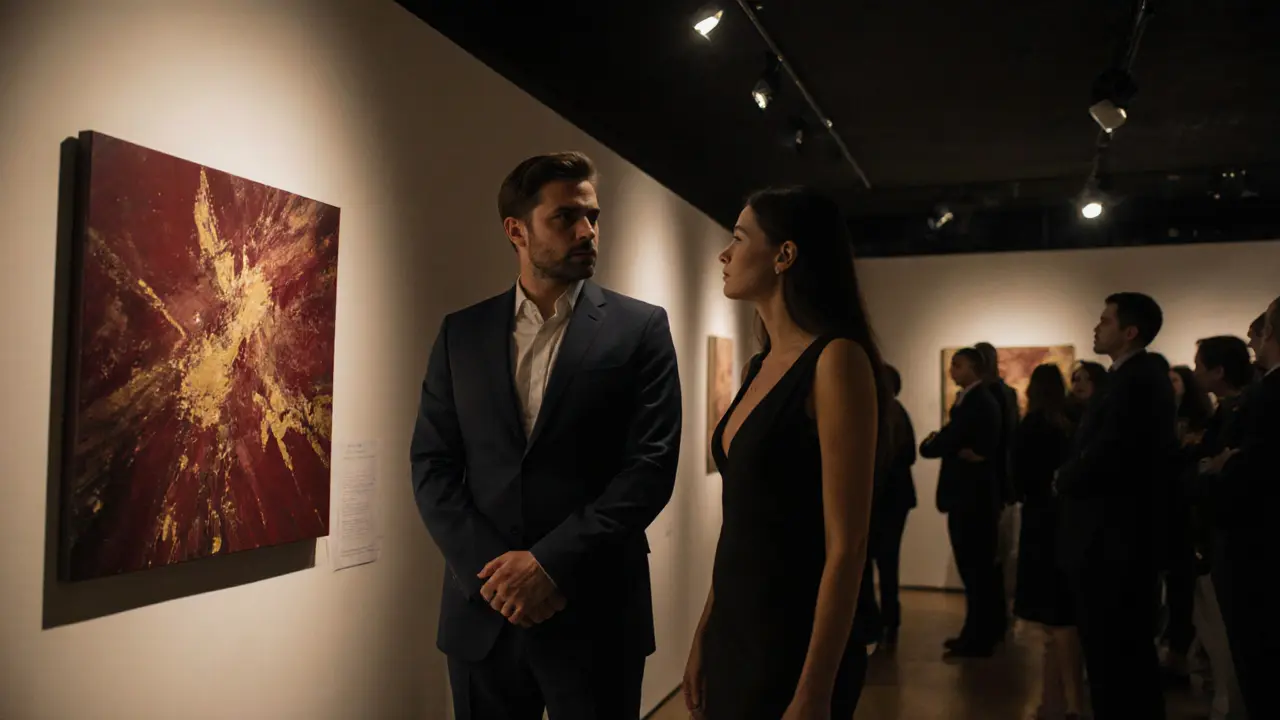 A man and woman engaging in thoughtful conversation at an art gallery opening in Dubai.