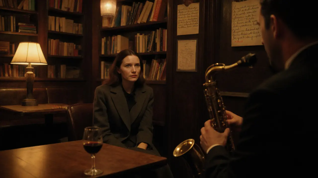 A woman listens to a jazz musician in a dimly lit Parisian club, surrounded by books and handwritten poetry notes.
