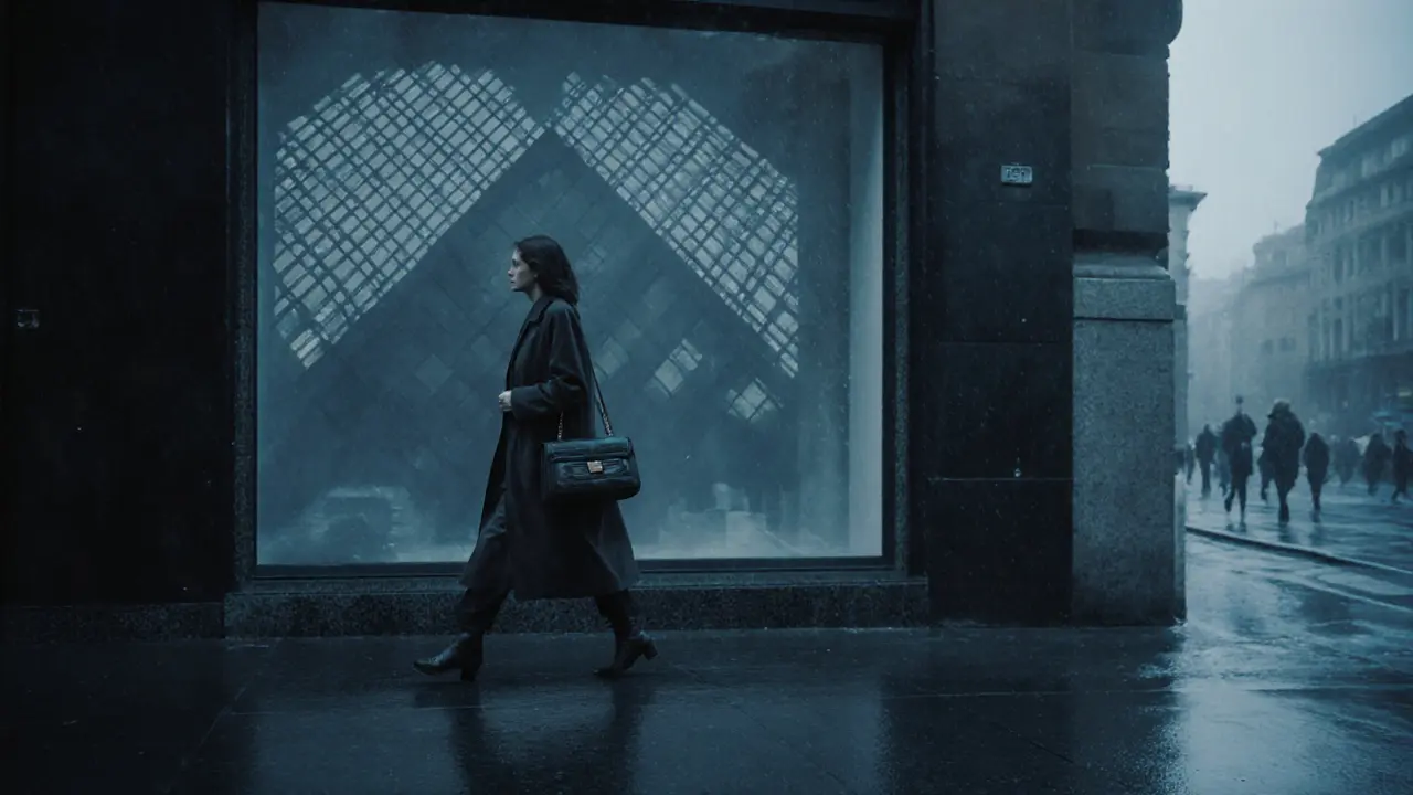 A woman walks alone in the quiet, rainy Brera district at dawn, her silhouette reflected in a shop window.