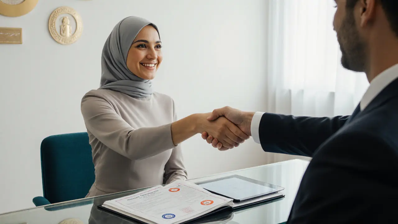 Agency office displays health certificates while a professionally dressed companion meets a client.