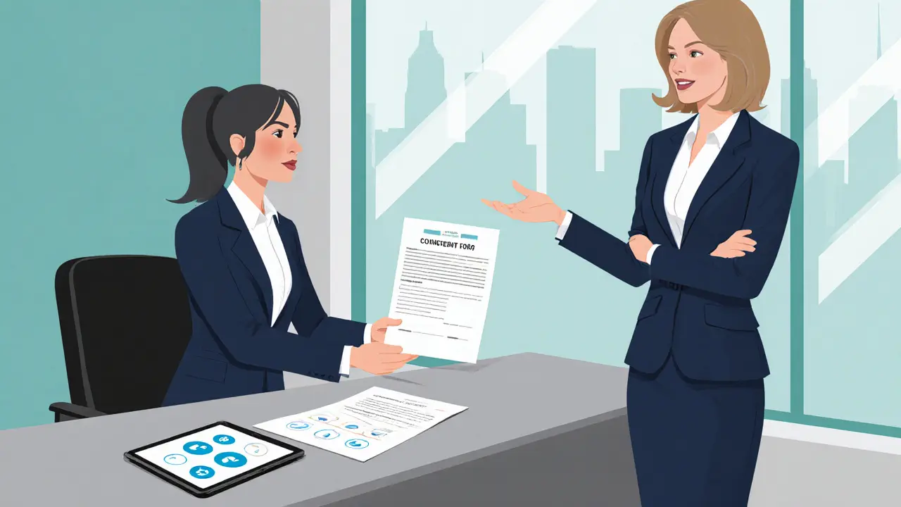 Agency office scene with staff handing consent forms to a client and escort.