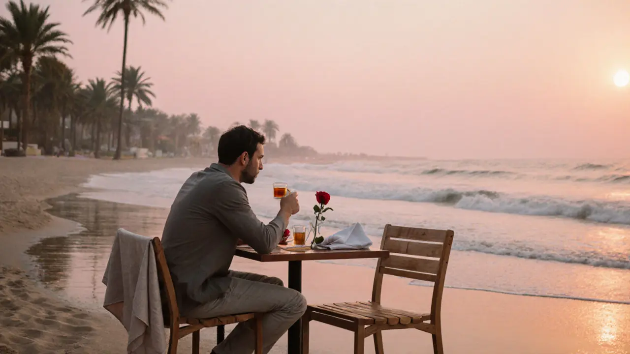 An empty chair beside a man at a beachside café, a rose resting on the table at sunset.