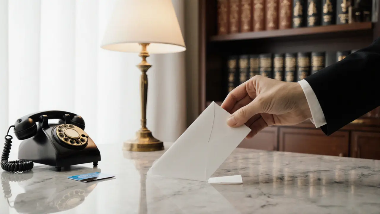 An envelope and keycard on marble counter in a discreet upscale agency office, no faces shown.