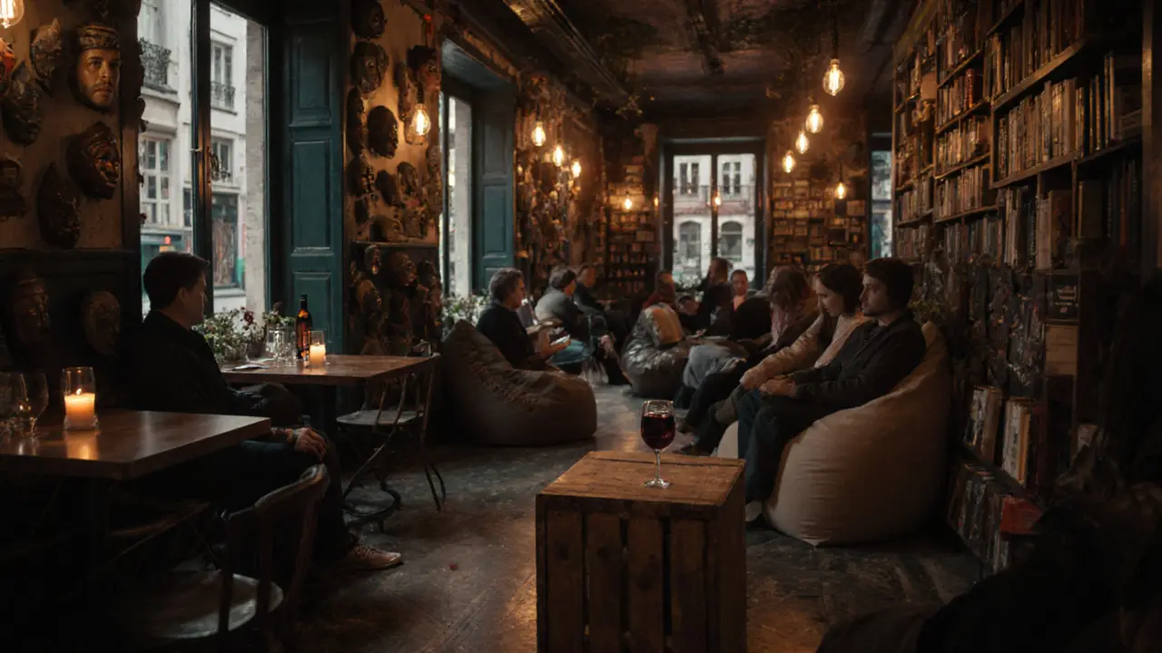 Bohemian wine lounge with global bottles, beanbags, and warm ambient lighting.