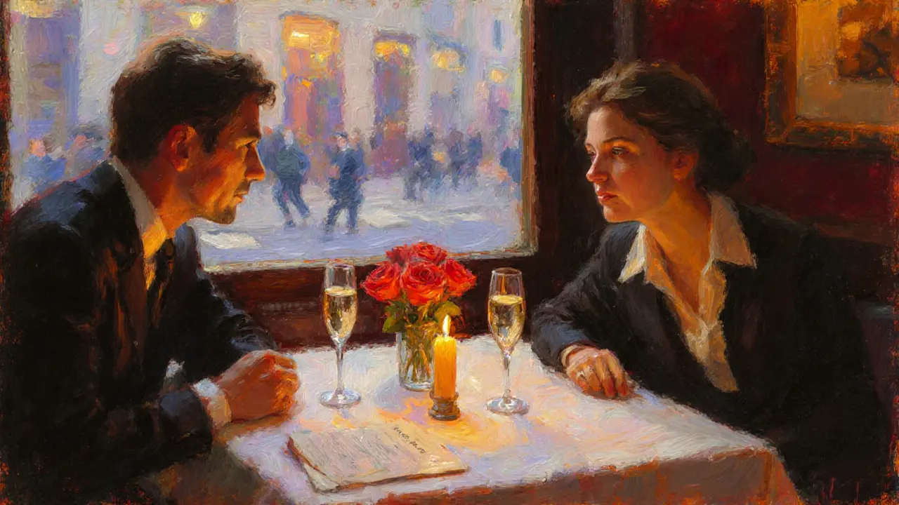 Candlelit bistro table with champagne glasses and two people chatting, Paris street visible outside.
