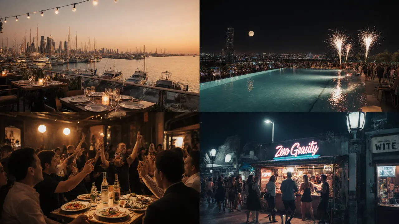 Cinematic collage of a Dubai Marina night: dinner, rooftop club, beach club, and shawarma stall.