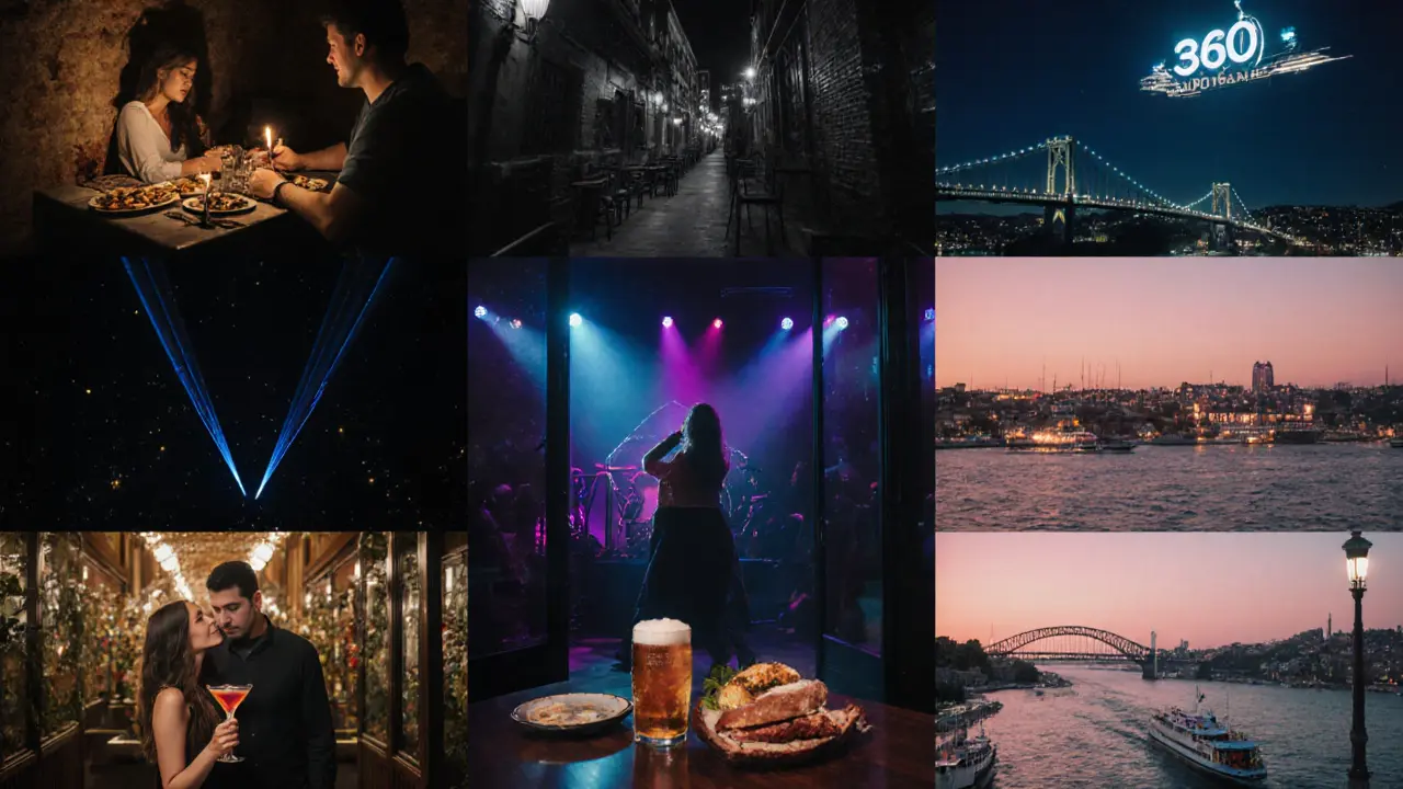 Couple's night journey from Galata meze to live music, rooftop drinks, dancing, craft beer, and sunrise ferry.
