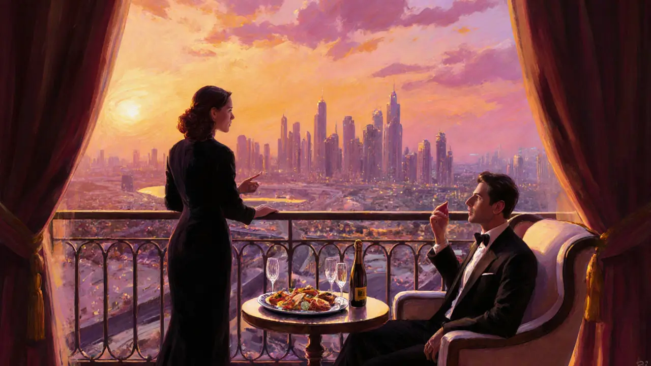 Couple enjoys a private balcony dinner in an Emirates Palace suite with a companion overlooking the city.