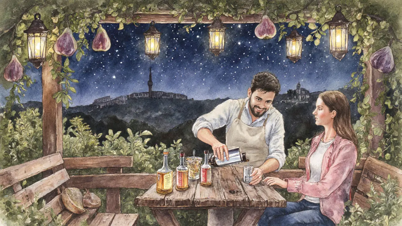 Cozy garden bar Çıngıraklı with lanterns, homemade raki, and warm nighttime ambiance.