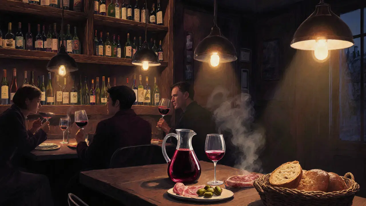 Cozy wine bar interior with wooden shelves, carafe of wine, and simple snacks under warm lighting.