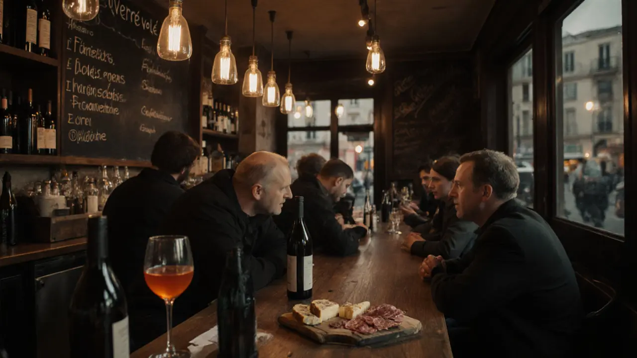Cozy wine bar with chalkboard menu and locals chatting over bottles and cheese.