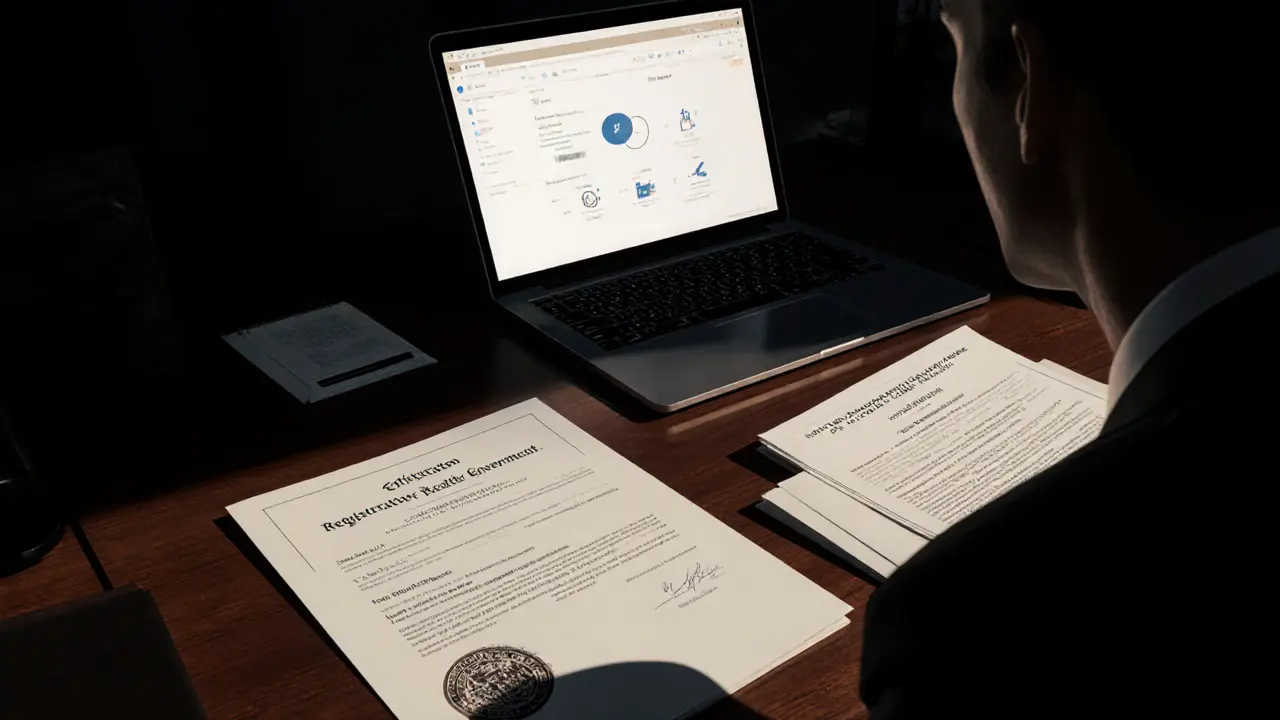 Dark office with legal documents, NDA, and encrypted laptop screen.