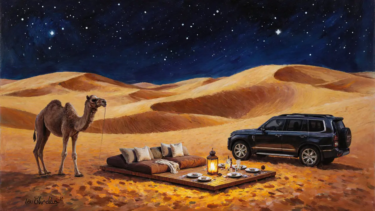 Desert camp with lanterns, dinner setup, camel and dunes under a starry night.