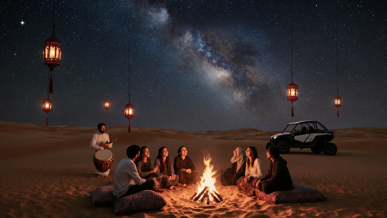 Desert night party around a bonfire under stars, with lanterns and traditional music.