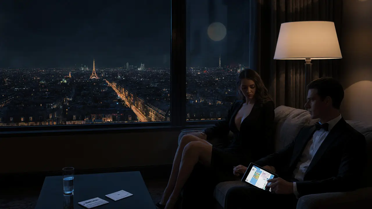 Elegant hotel suite interior with a couple, encrypted tablet, and city view through large windows.