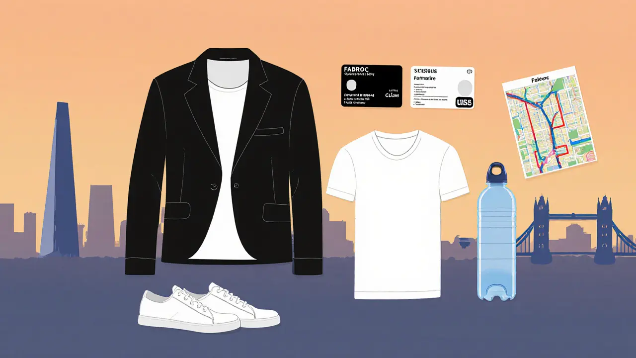 Flat‑lay of outfit, ID, ticket, water bottle and map against a dawn London skyline backdrop.