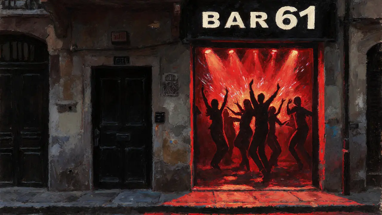 Gritty underground club Bar 61 with red glow from a black door and silhouetted dancers.