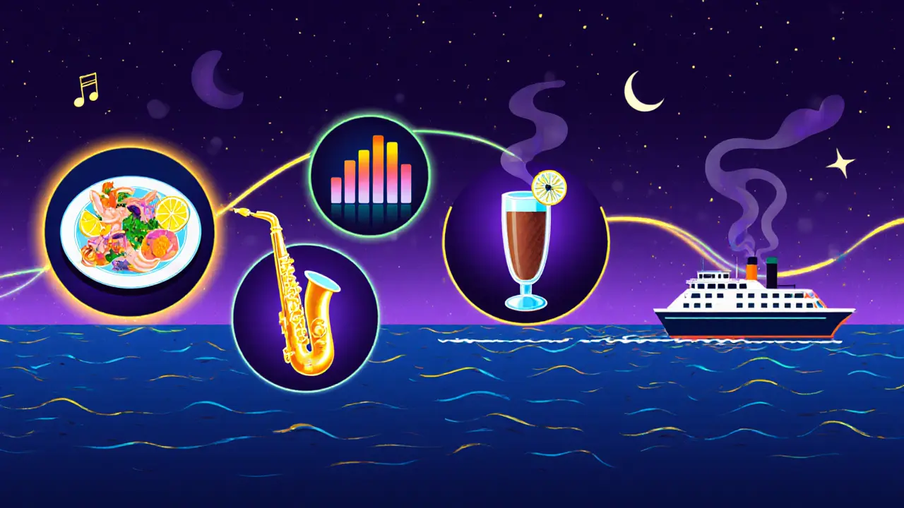 Illustrated night itinerary showing food, drinks, music and transport in Istanbul.