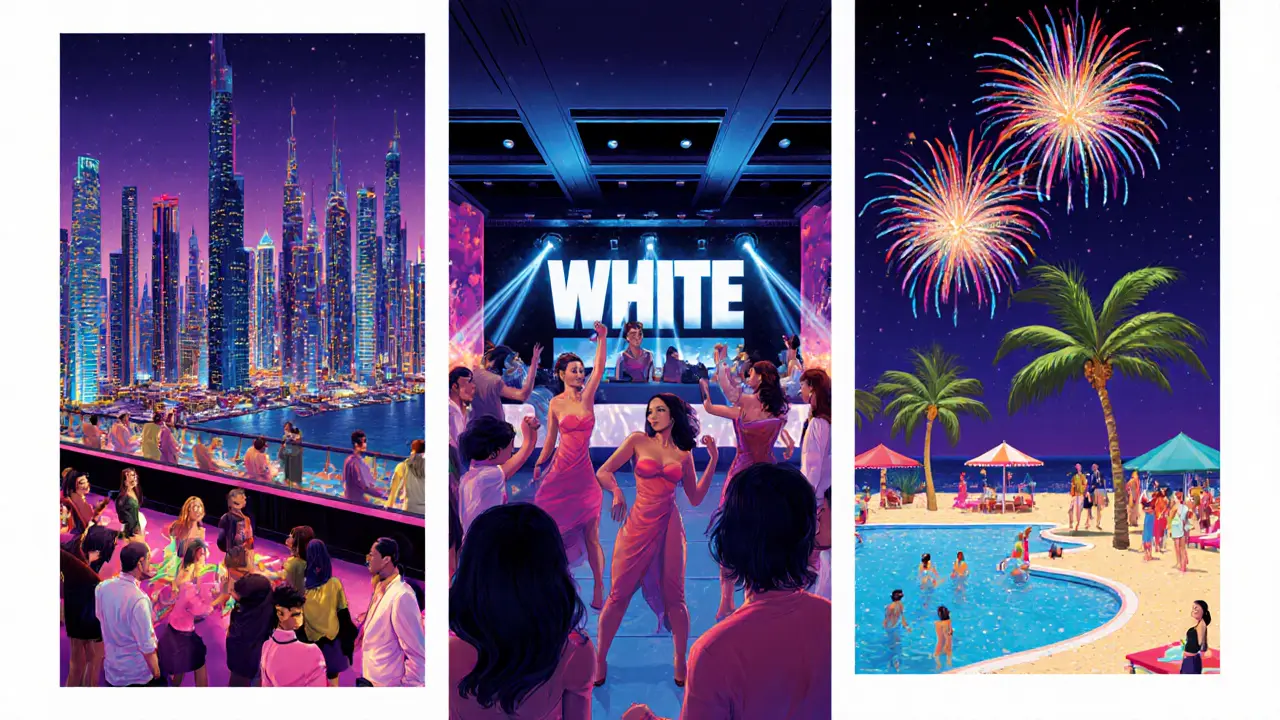 Illustrated three Dubai nightlife districts: rooftop lounge, club, and beach party.