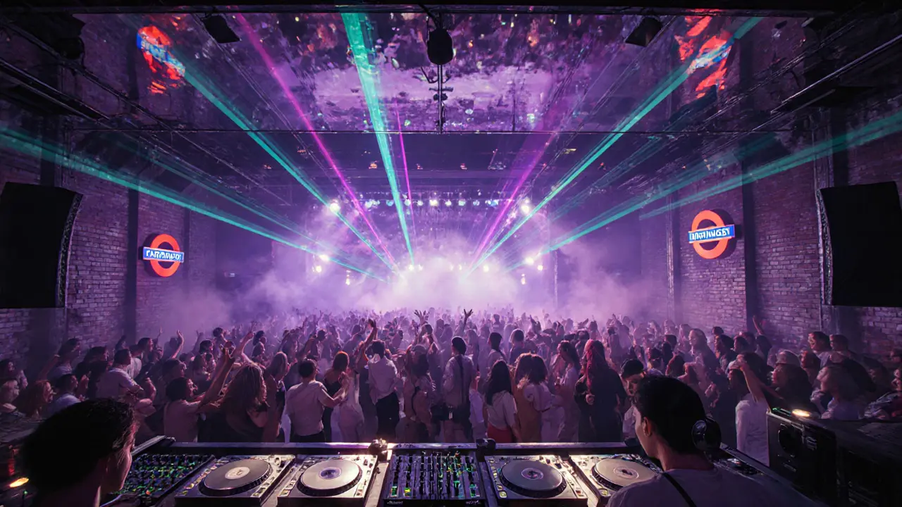 Inside Fabric club, crowded dance floor under purple and teal lasers with DJ booth and industrial walls.