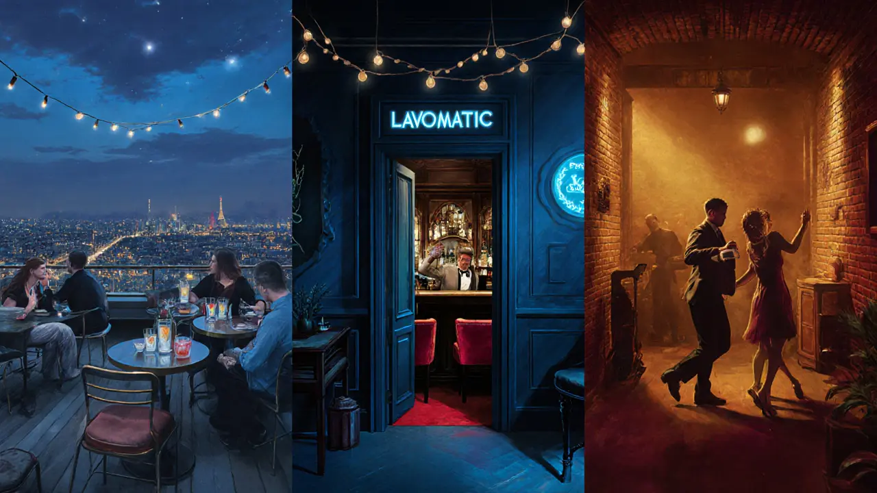 Montage of a rooftop bar, a speakeasy behind a laundromat, and a jazz club.