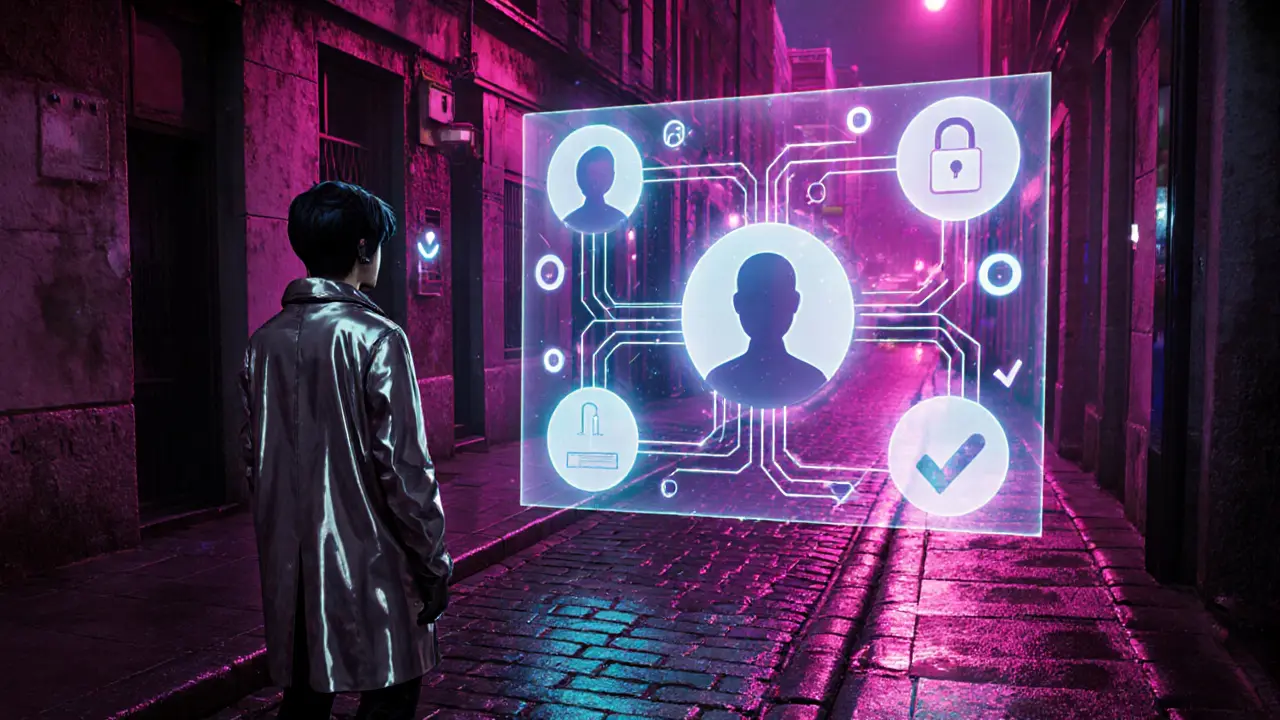 Neon cyber‑punk alley with holographic AI matchmaking interface.