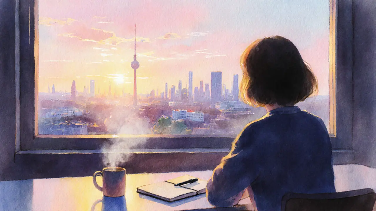 Person journaling by a window as sunrise illuminates the Berlin skyline.