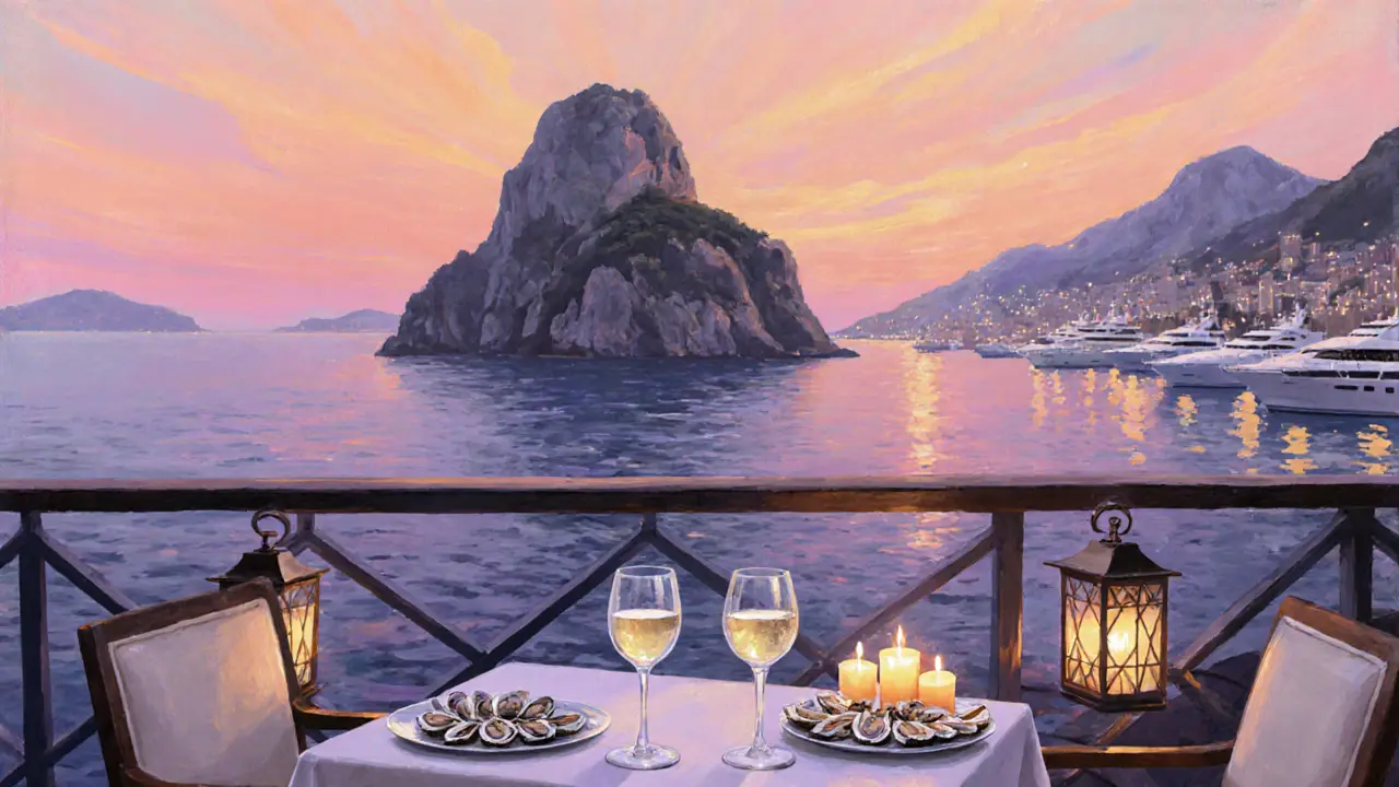 Romantic waterfront terrace at Le Portier with candlelit table and sunset.