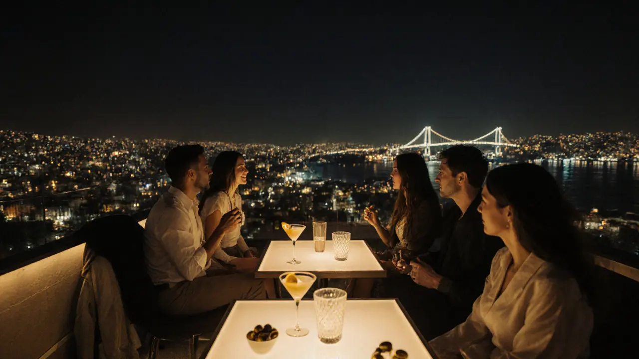 Rooftop bar at night with skyline view, people sipping drinks.