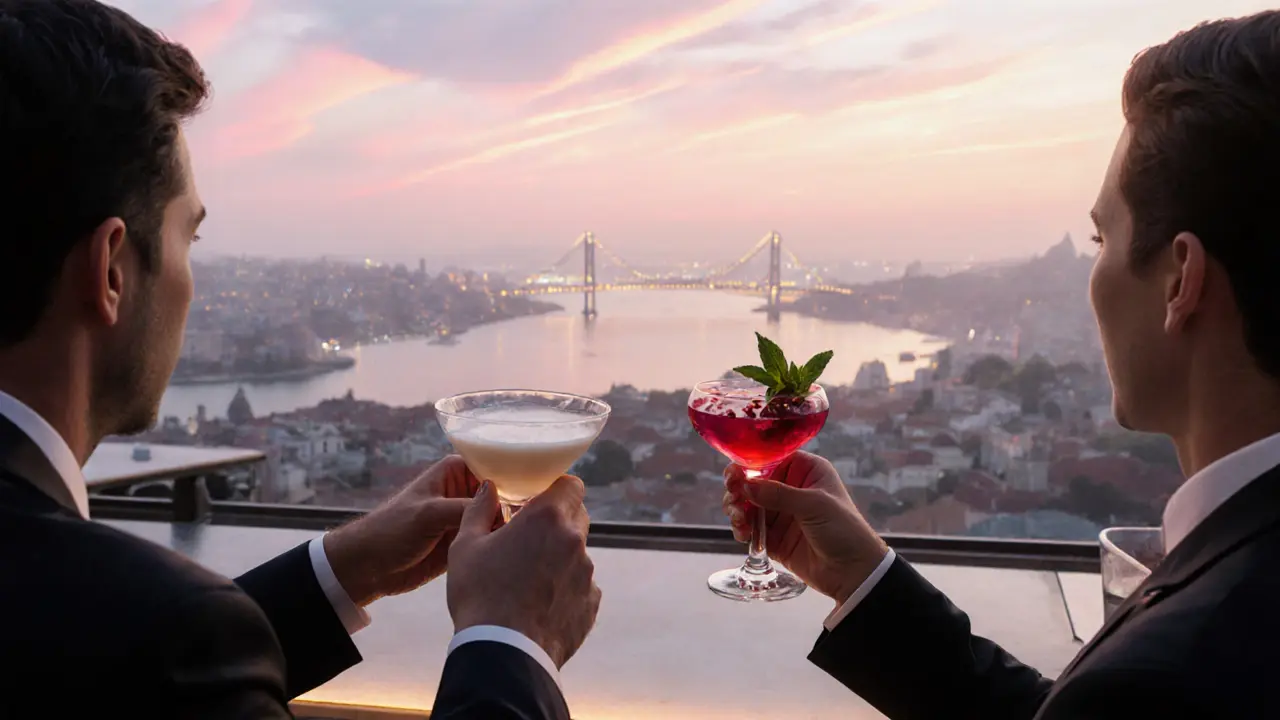Rooftop bar at sunrise with guests sipping raki and a pomegranate cocktail.