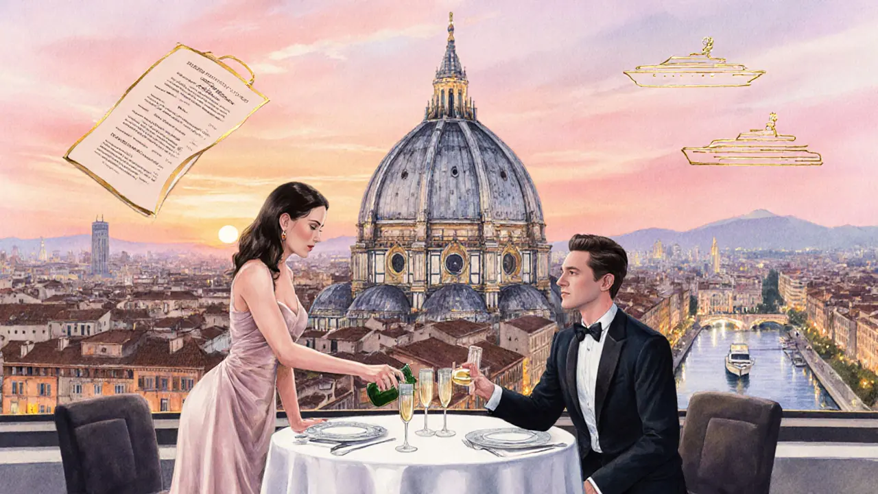 Rooftop bar at sunset with an escort serving champagne, overlooking Milan's skyline and luxury venues.