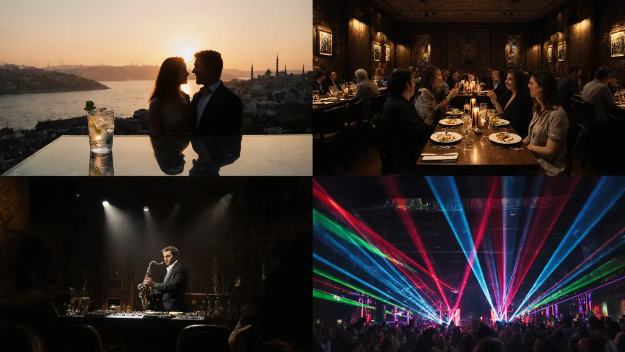 Sequence of a rooftop bar, meyhane, jazz club, and nightclub showcasing an Istanbul night itinerary.