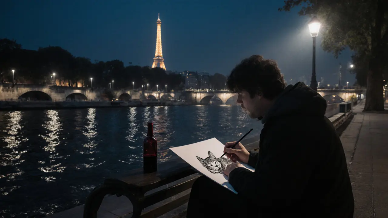 Street artist sketching a sleeping cat by the Seine at midnight with a bottle of wine on a bench.