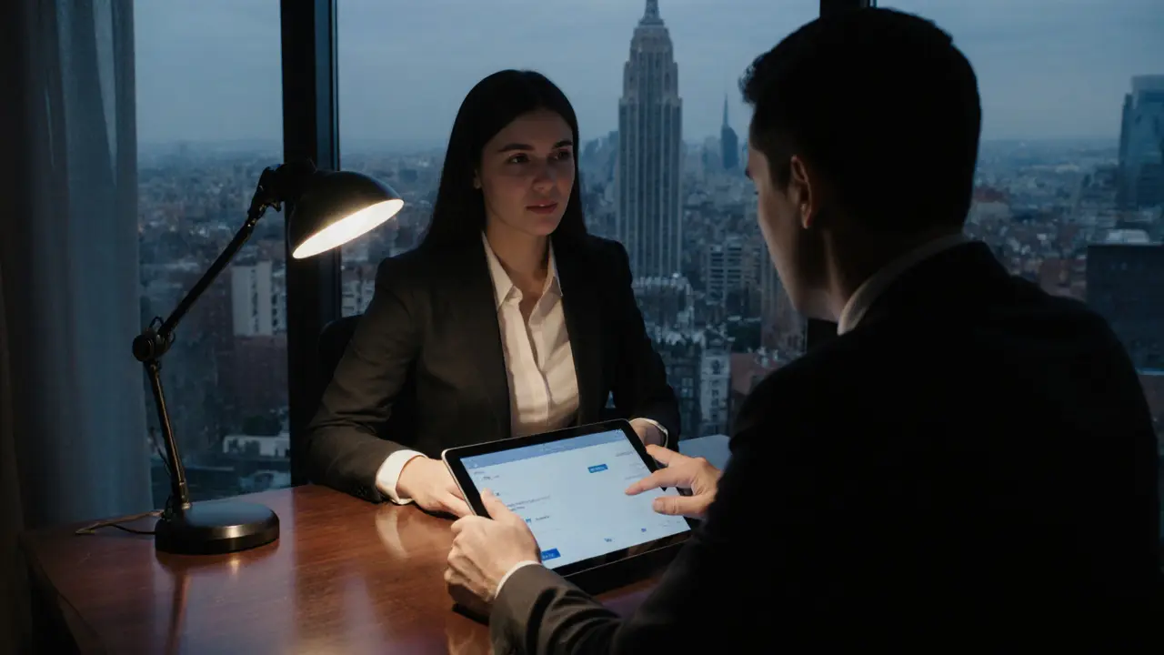 Upscale agency office showing a professional escort and client reviewing a secure booking app.