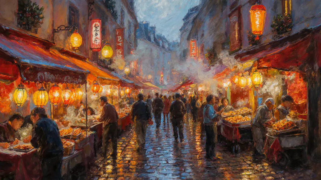 Vibrant night market in Pigalle with food stalls and lanterns.