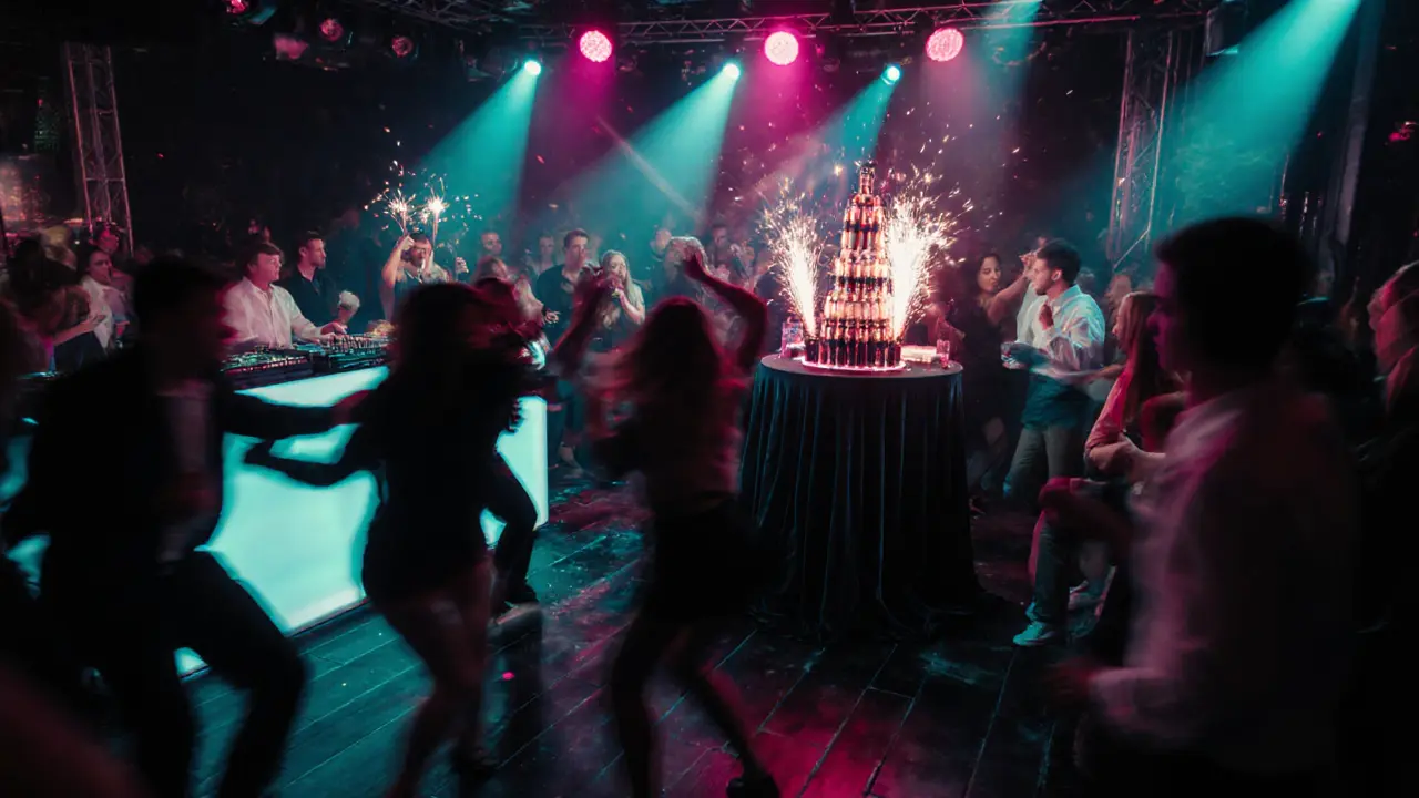 Vibrant nightclub Jimmy'z with DJ booth, dancing crowd, and VIP bottle service.