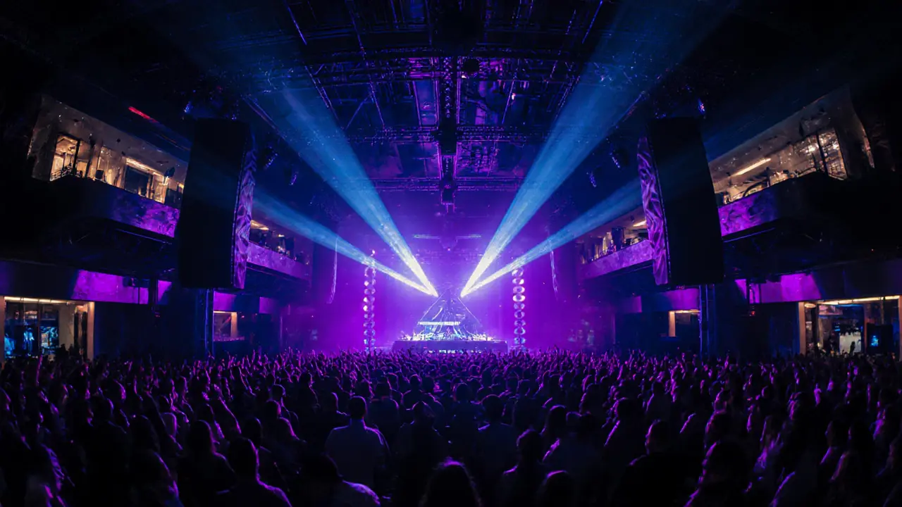 Vibrant nightclub with dancers under neon lights, bass speakers, and Marina skyline in background.