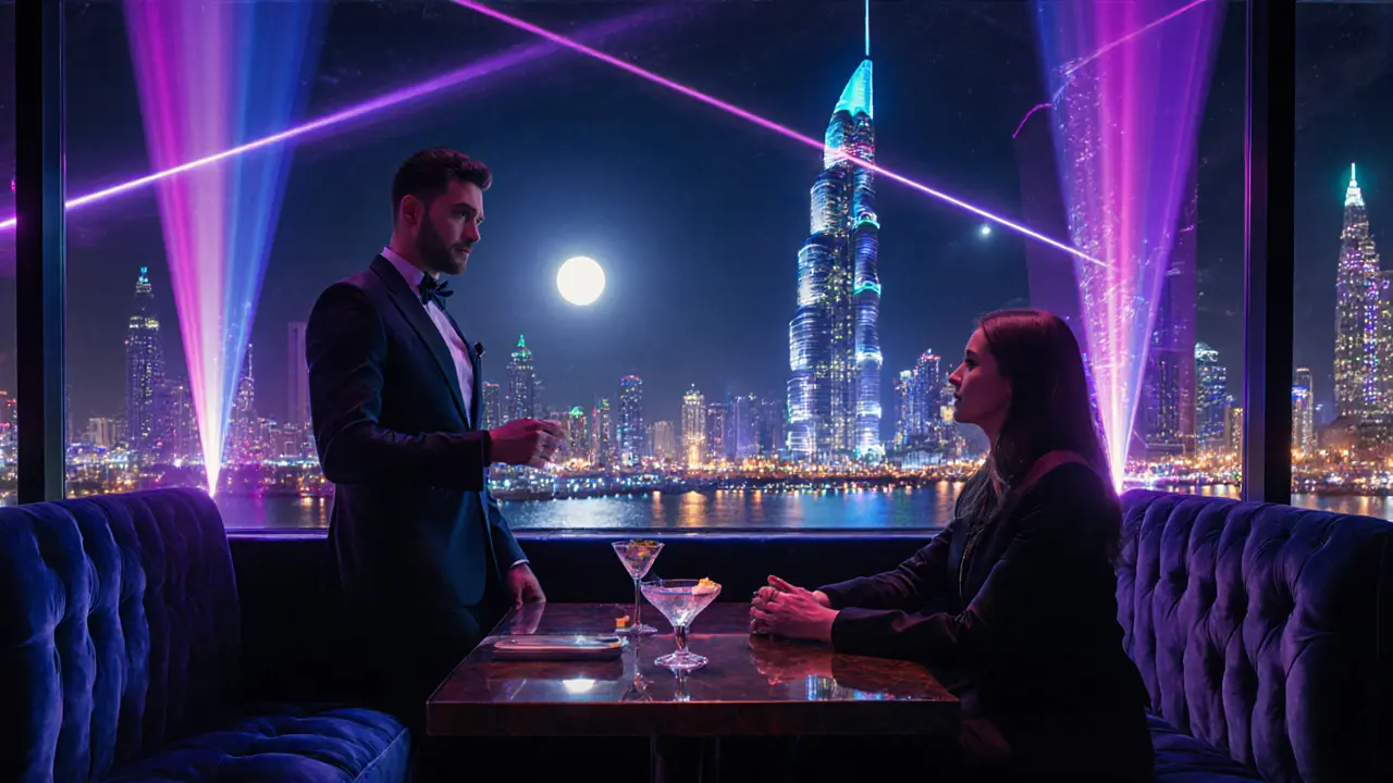 VIP nightclub scene with escort, cocktails, city lights, and moonlit Corniche.