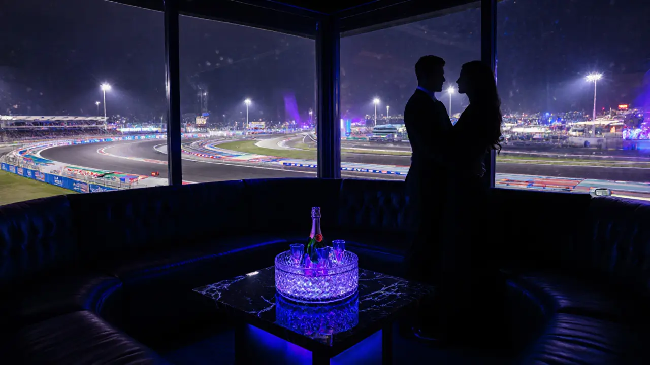 VIP nightclub suite with racetrack view, champagne bottle, and a couple silhouetted.