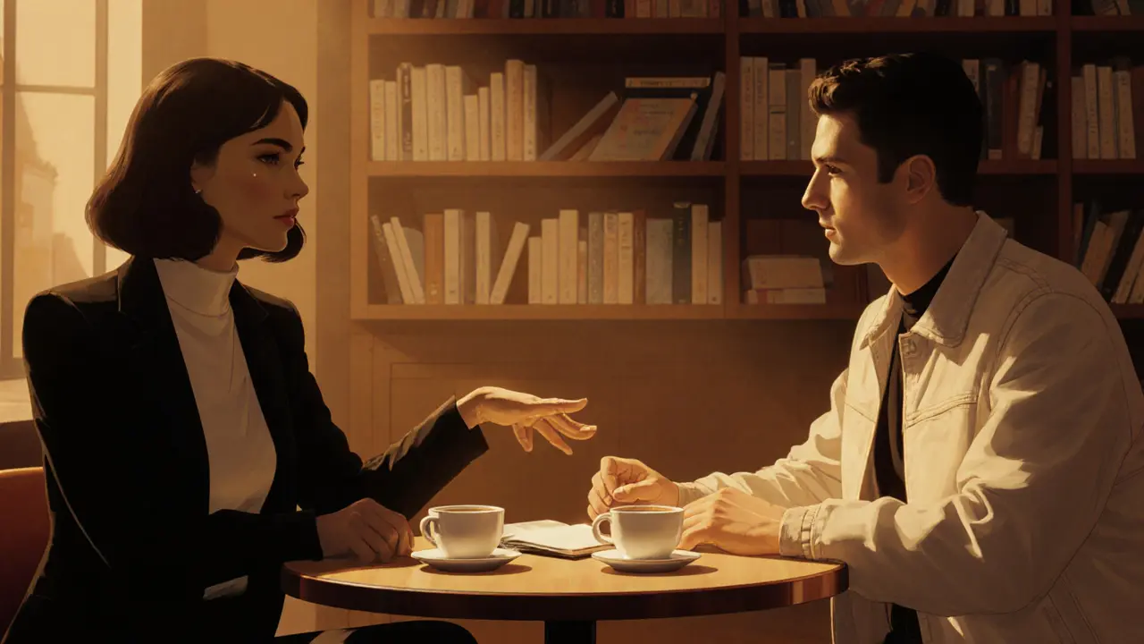 Warm café scene showing two people discussing boundaries over coffee.