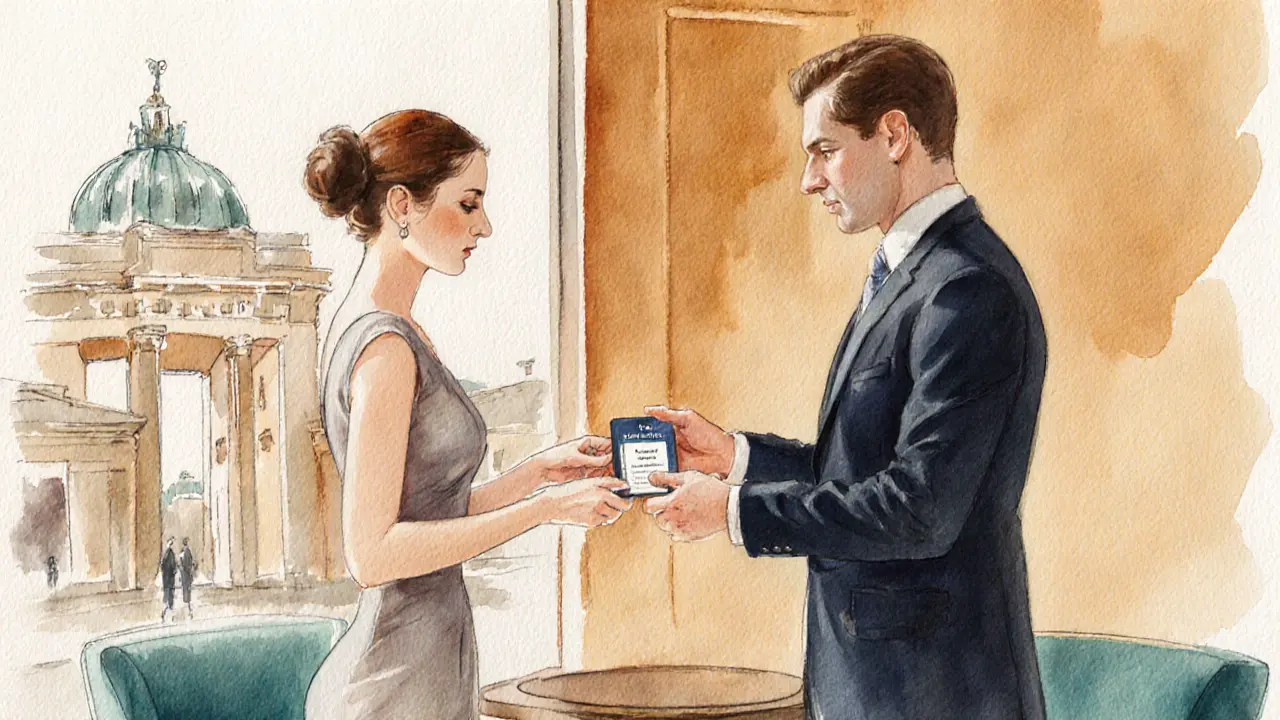 Watercolor of a gentleman and elegant woman exchanging a verification badge.