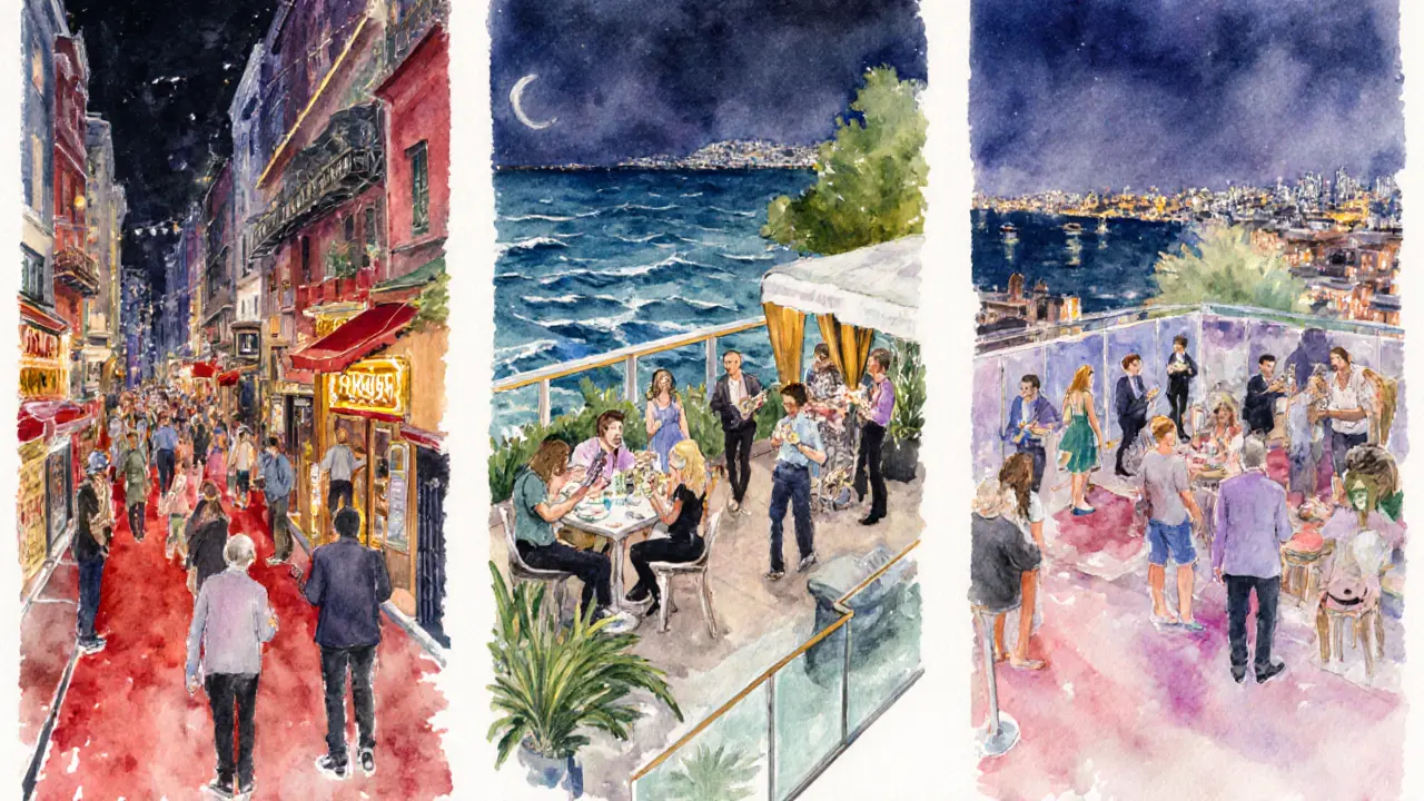 Watercolor panels showing Beyoğlu pubs, Kadıköy craft‑beer terrace, and Nişantaşı chic rooftop lounge.
