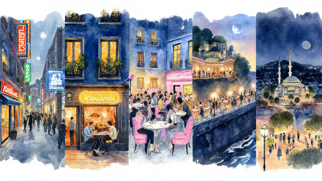 Watercolor panorama of Beyoğlu, Kadıköy, Nişantaşı, Taksim, and Ortaköy nightlife scenes.