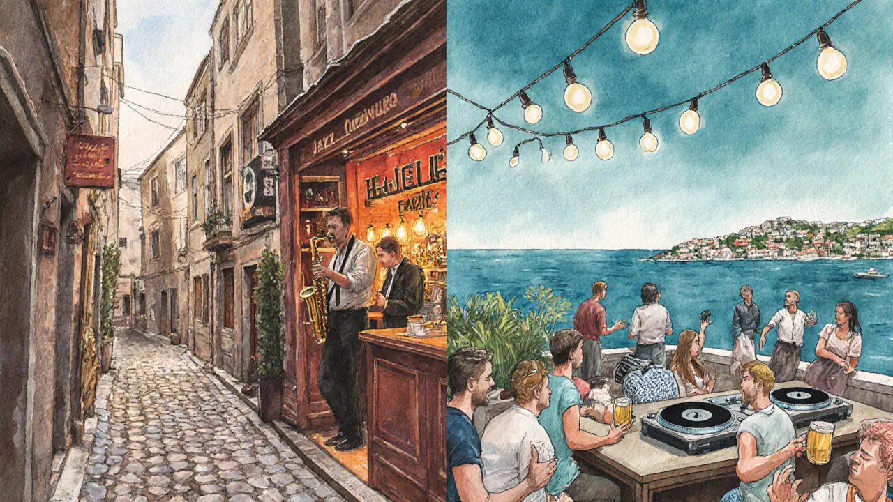 Watercolor split scene of Beyoğlu jazz alley and Kadıköy rooftop bar.