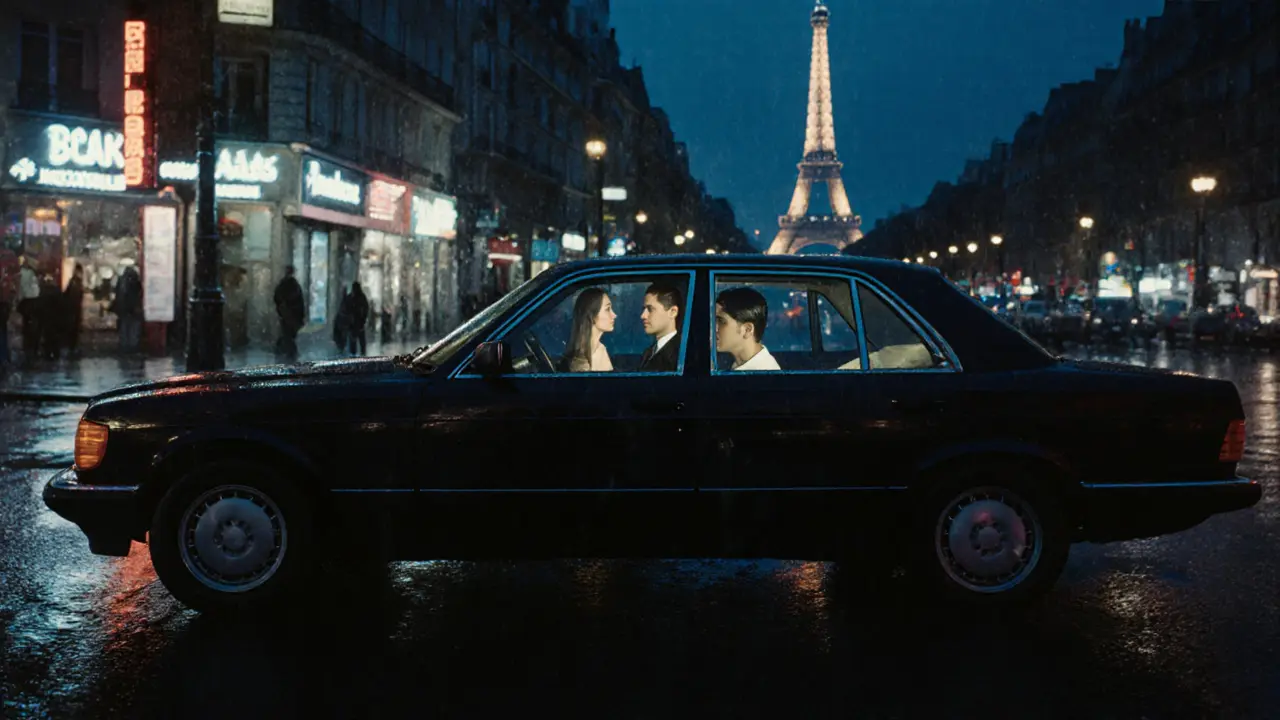 A black car drives through rainy Paris streets at night, interior glow revealing two figures in quiet conversation.