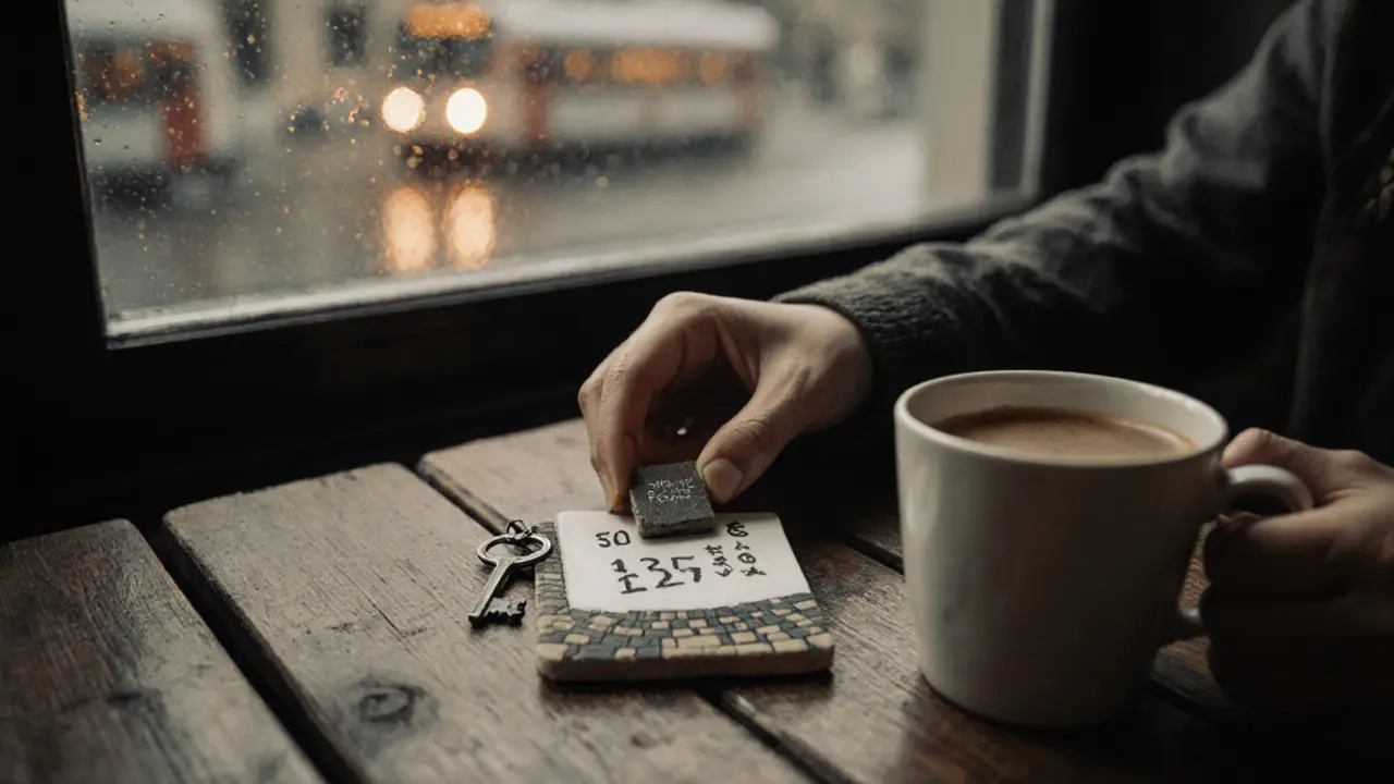 A ceramic coaster and cobblestone keychain beside a coffee cup on a wooden table.