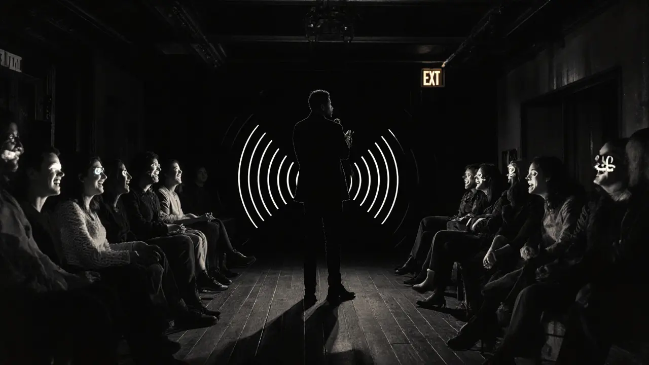 A comedian performing in complete darkness, audience silhouettes laughing with glowing eyes.