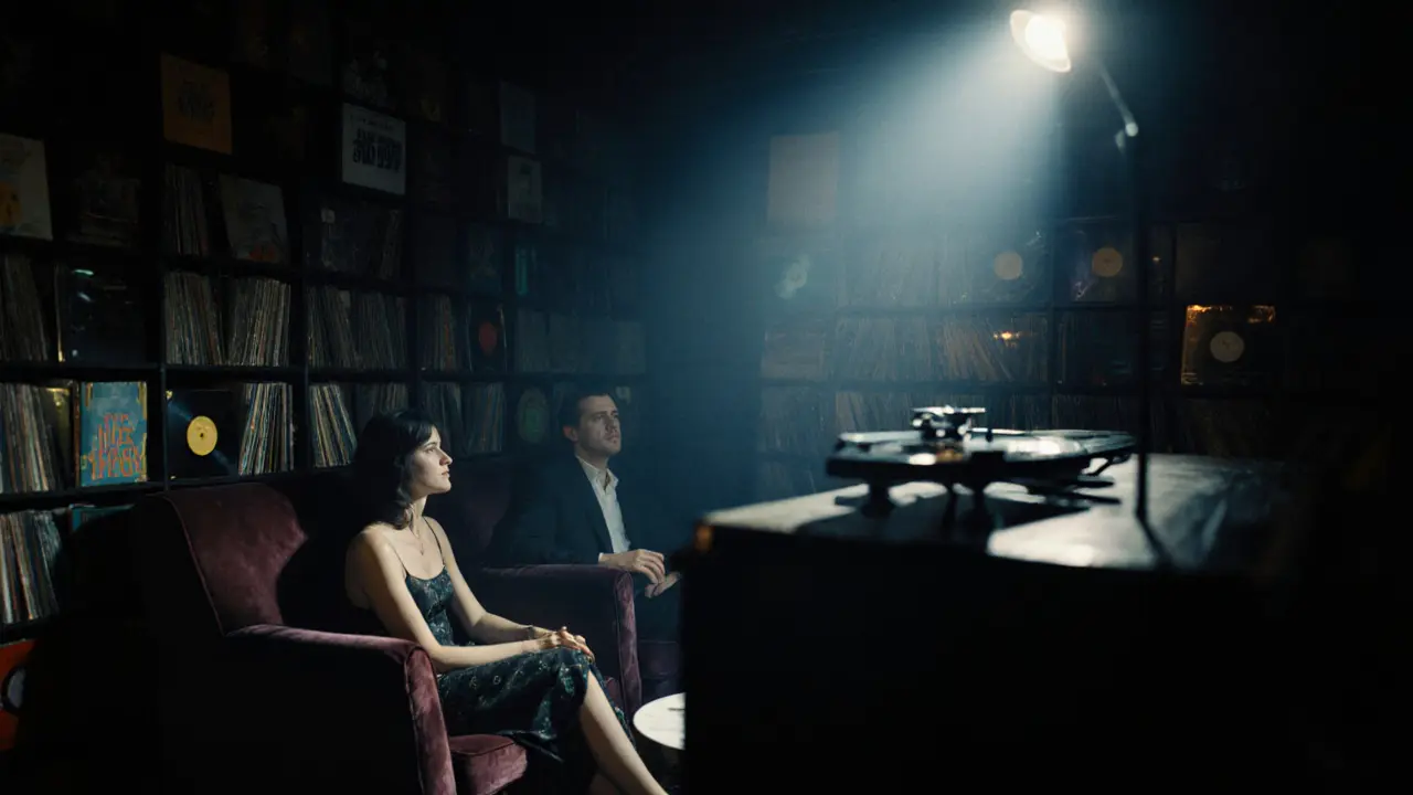 A couple sits in silence in a hidden club room, bathed in moody light, with vintage vinyl spinning nearby and no phones in sight.