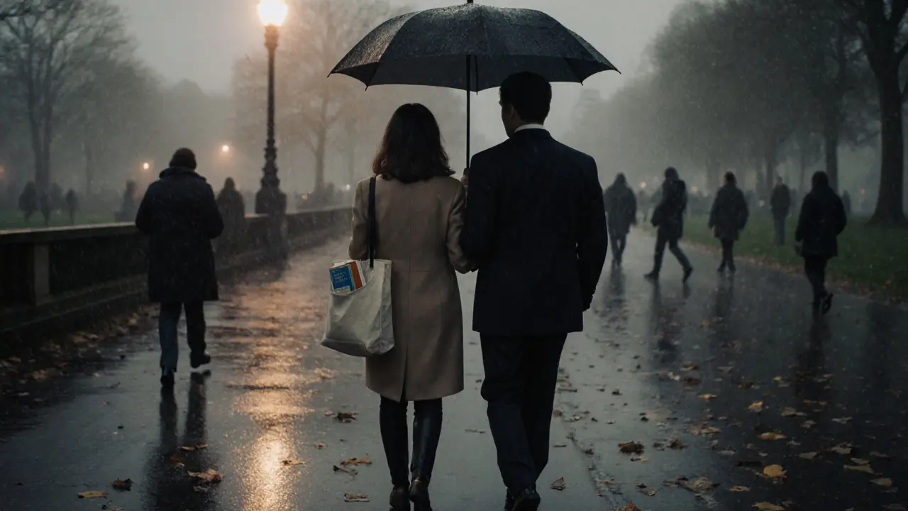 A couple walks side by side in Hyde Park under an umbrella, lost in quiet conversation during a rainy evening.