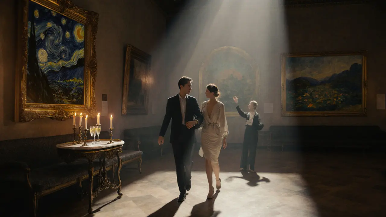 A couple walks through the empty Musée d&#039;Orsay at night, illuminated by soft spotlights on masterpieces, curator beside them.